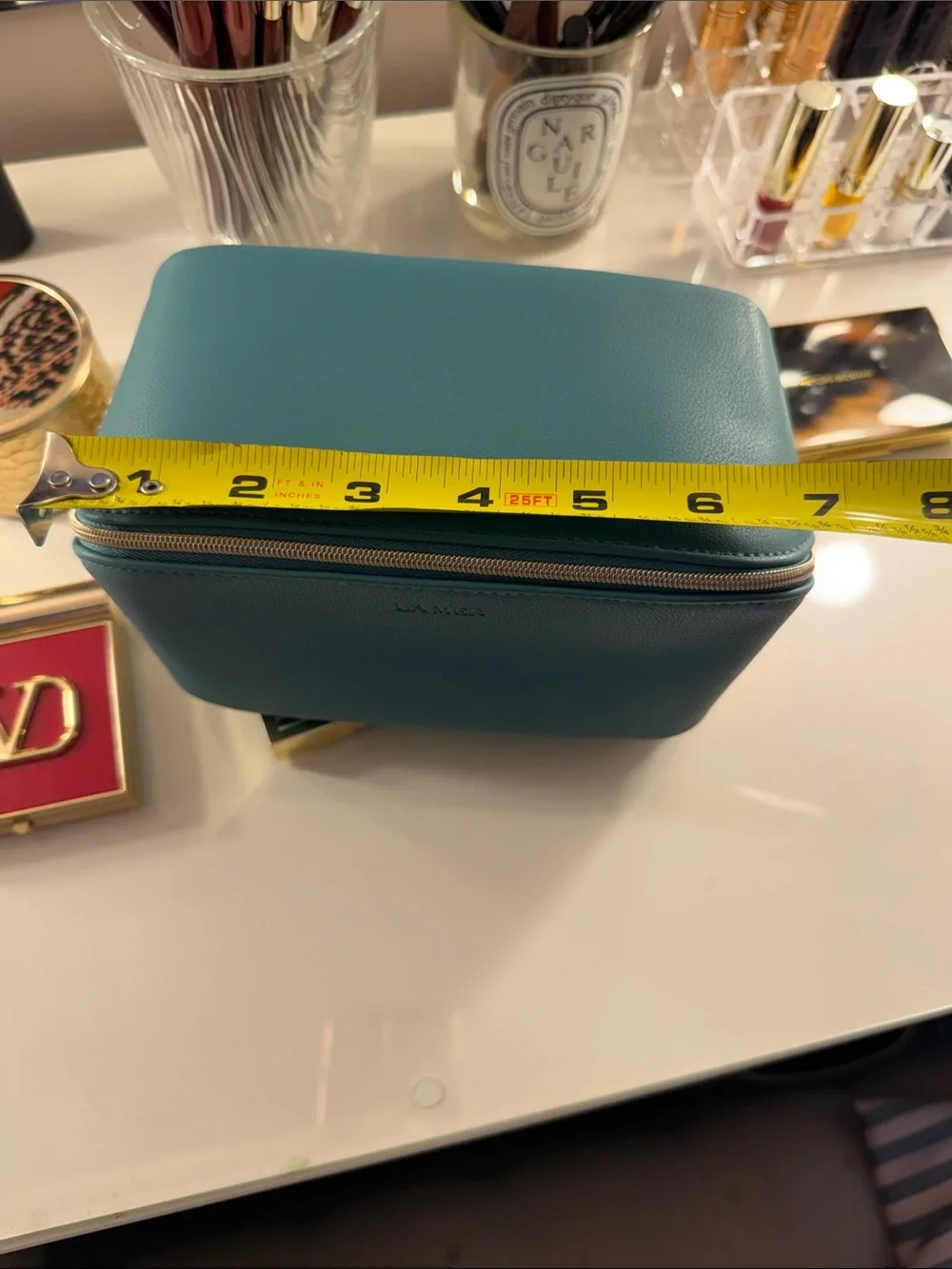 La Mer Teal Leather Zip Cosmetic Case